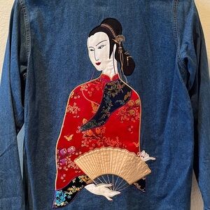 Look East Asian Woman Appliquéd  Denim Jacket Size XS 100% cotton